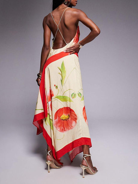 Aurohaya Elegant Unique Print Deep Pleated Asymmetric Backless Maxi Dress