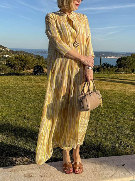 Aurohaya Casual Effortless V-Neck Printed Vacation Maxi Dress