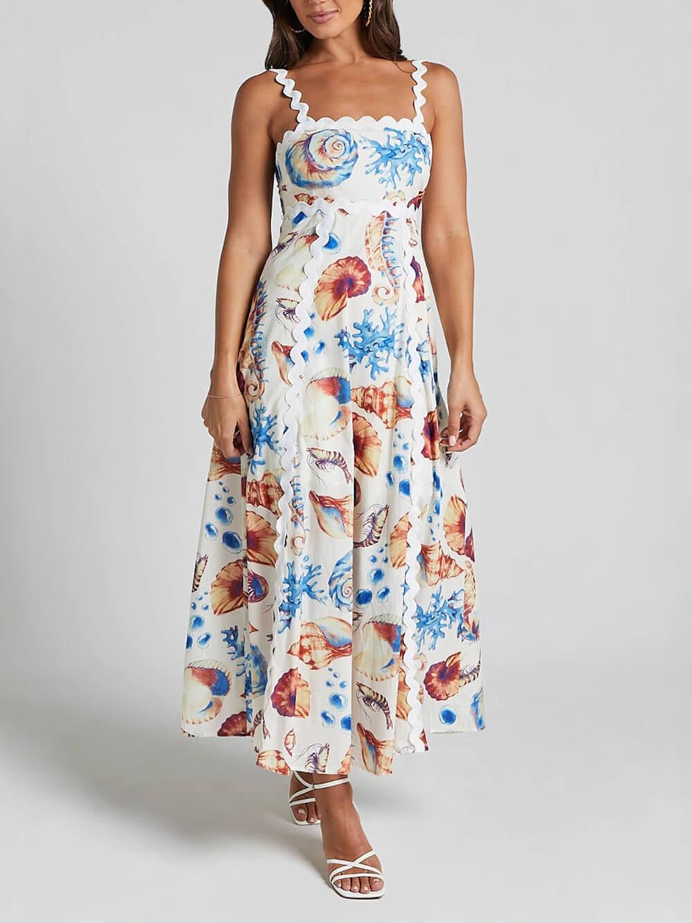 Aurohaya Casual Printed Suspenders Patchwork Loose Holiday Maxi Dress