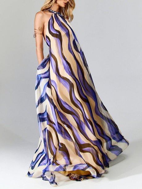 Aurohaya Elegant Vibrant Print Woven-Detail Backless Maxi Dress