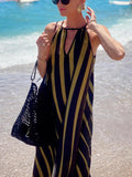 Summer Casual Contrast Stripe Print Lace-Up Holiday Maxi Dress