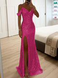 Elegant V-Neck Sequin Side-Slit Sleeveless Gown Maxi Dress