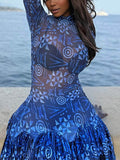 Unique Mesh Ruched Panel Print Stretch Maxi Dress