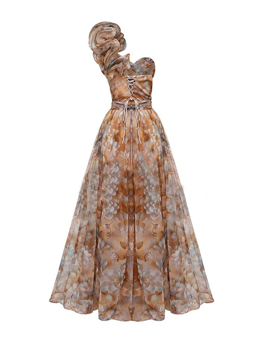 Aurohaya Elegant Romantic Ball Chiffon Floral One-shoulder Pleated Design Back Lace-up Gown Maxi Dress