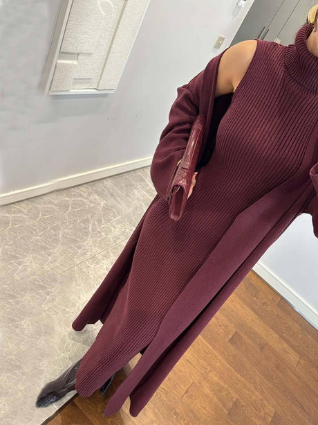 Aurohaya Elegant High-Neck Ribbed Knit Sleeveless Maxi Dress