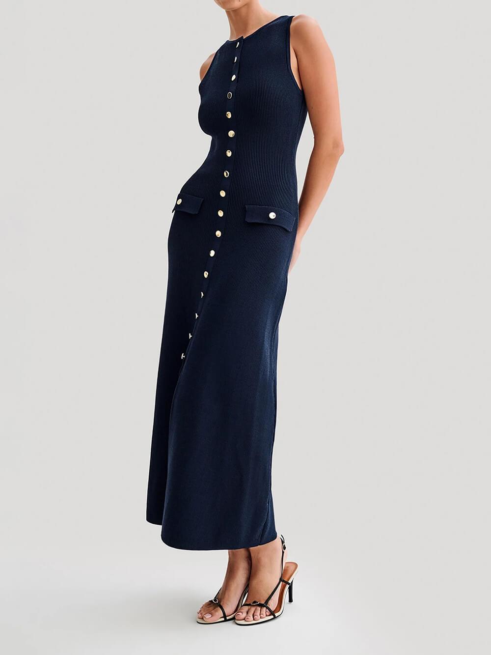 Aurohaya Elegant Crew Neck Buttoned Sleeveless Knit Midi Dress