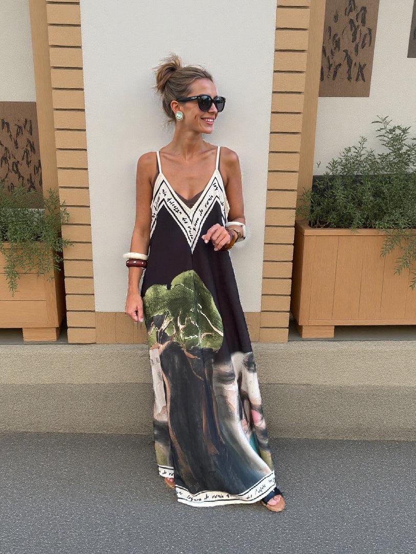 Aurohaya Unique Ink Flower Print Suspender Maxi Dress