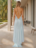 Aurohaya Elegant Unique Tassel Trim Cross-Back Satin Asymmetric Maxi Dress