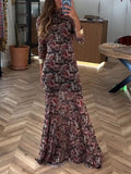 Elegant Floral Mesh Print Long-sleeved Maxi Dress