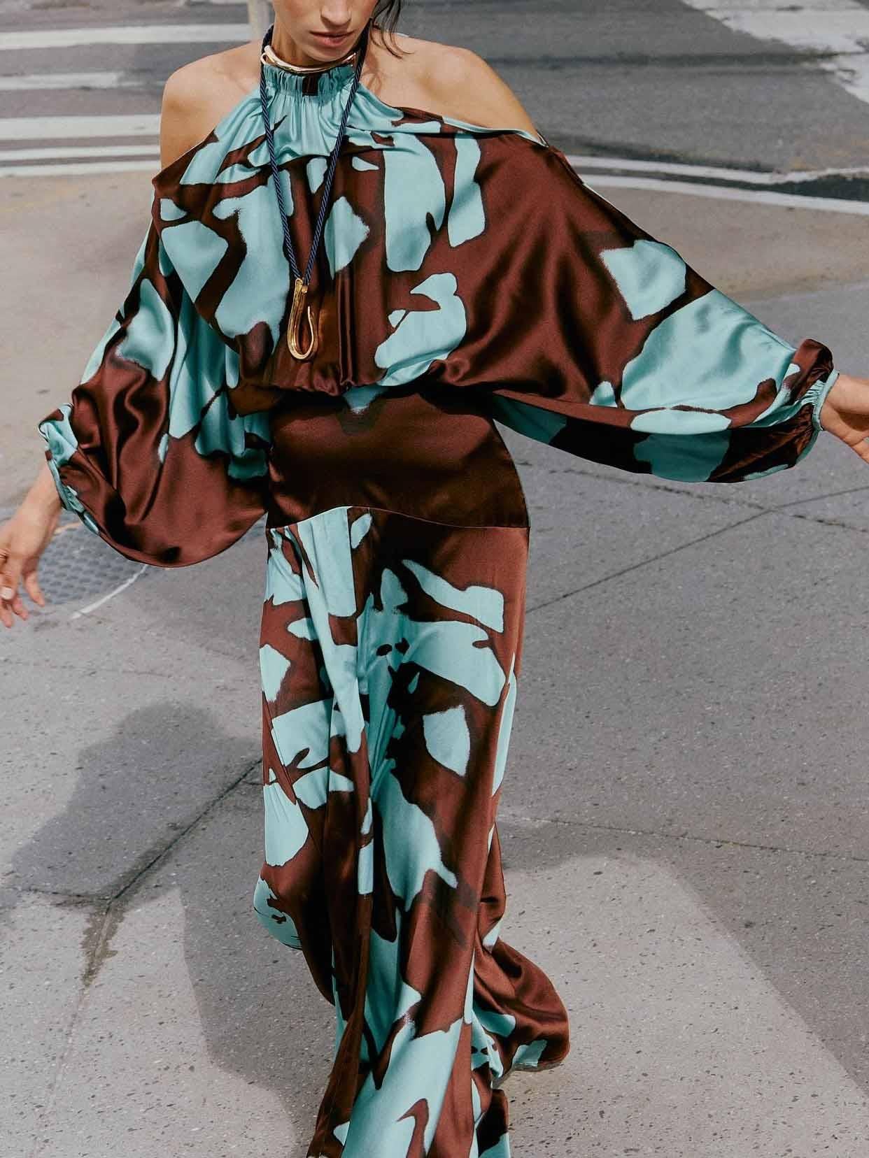 Aurohaya Elegant Cold Shoulder Abstract Print Maxi Dress