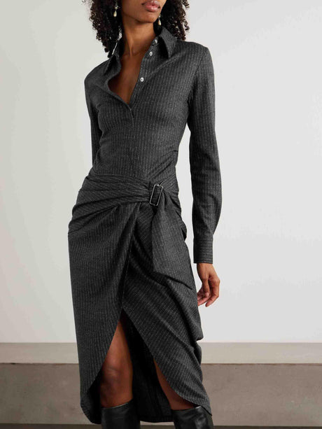 Aurohaya Exquisite Draped Pinstripe Wrap Midi Shirt Dress