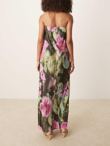 Aurohaya Sexy Strapless Off-the-Shoulder Floral Print Pleated Maxi Dress
