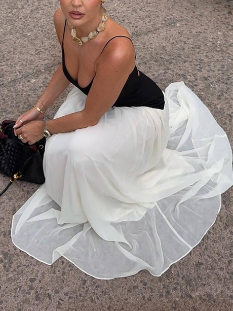 Aurohaya Elegant Color-Block Spaghetti Strap Backless Maxi Dress