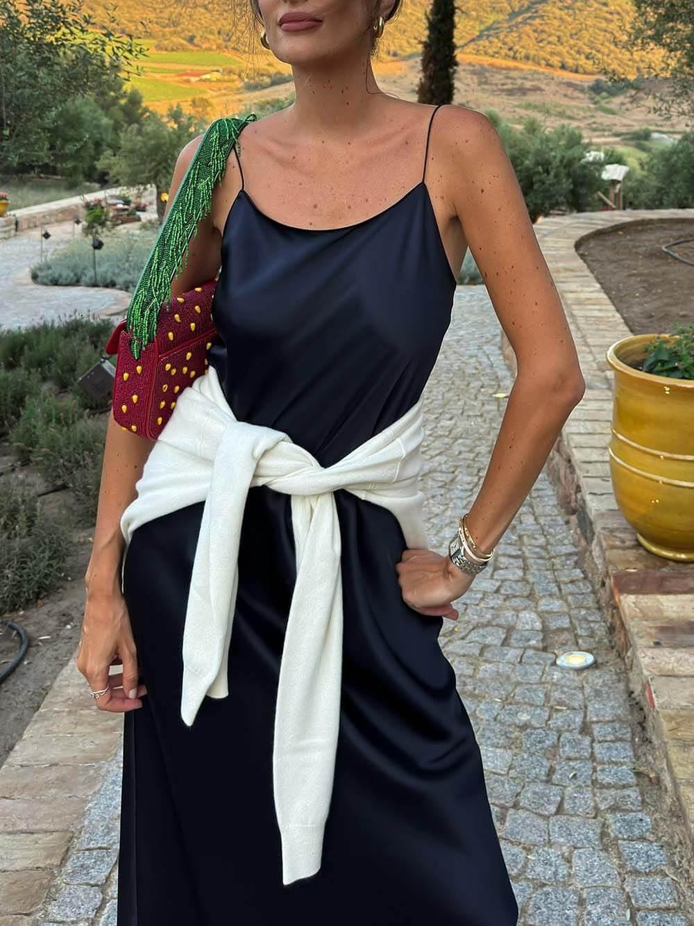 Aurohaya Casual Satin Backless Cami Maxi Dress