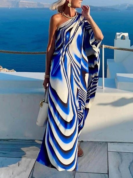 Aurohaya Unique Printed Cutout One-shoulder Holiday-style Loose Maxi Dress