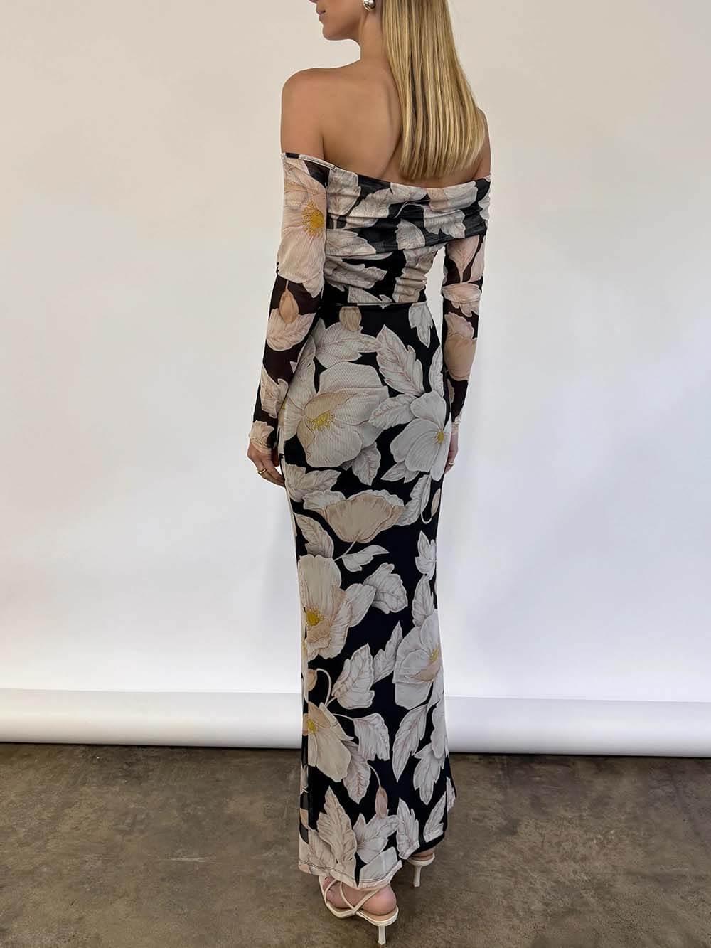 Aurohaya Elegant Floral Print Off-Shoulder Mesh Maxi Dress