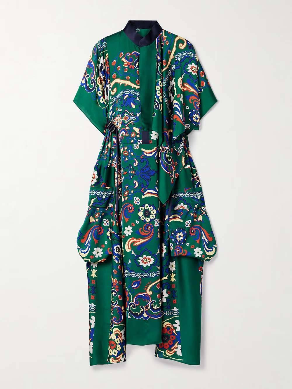 Aurohaya Unique Draped Print Satin Midi Dress