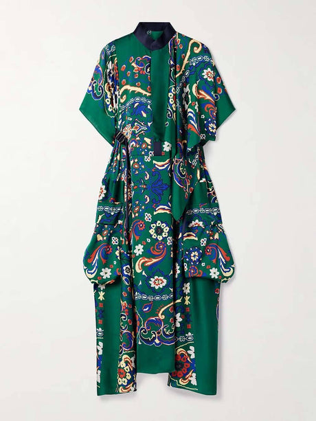 Aurohaya Unique Draped Print Satin Midi Dress