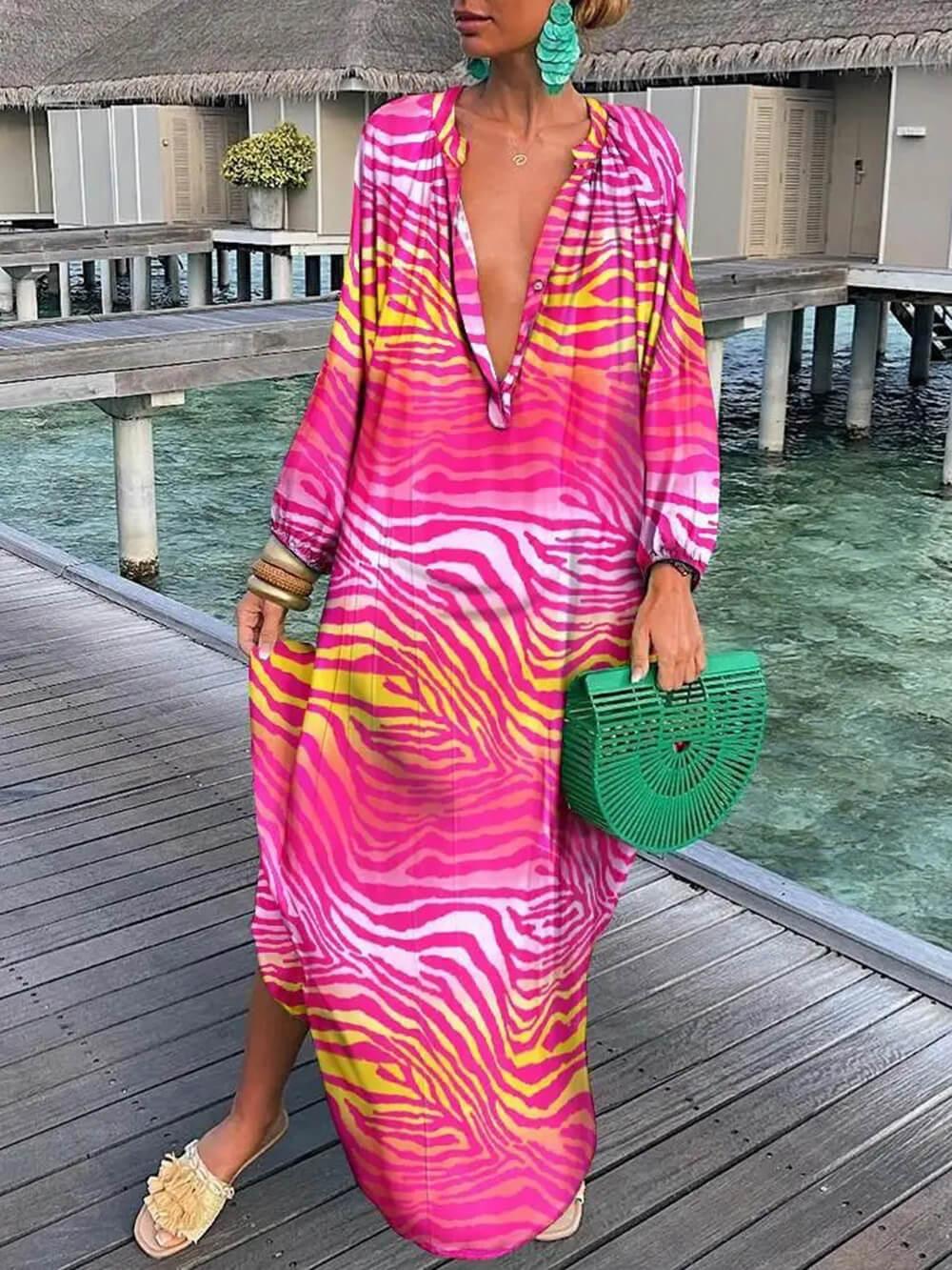Aurohaya Bohemian V-Neck Printed Maxi Dress Rose Red