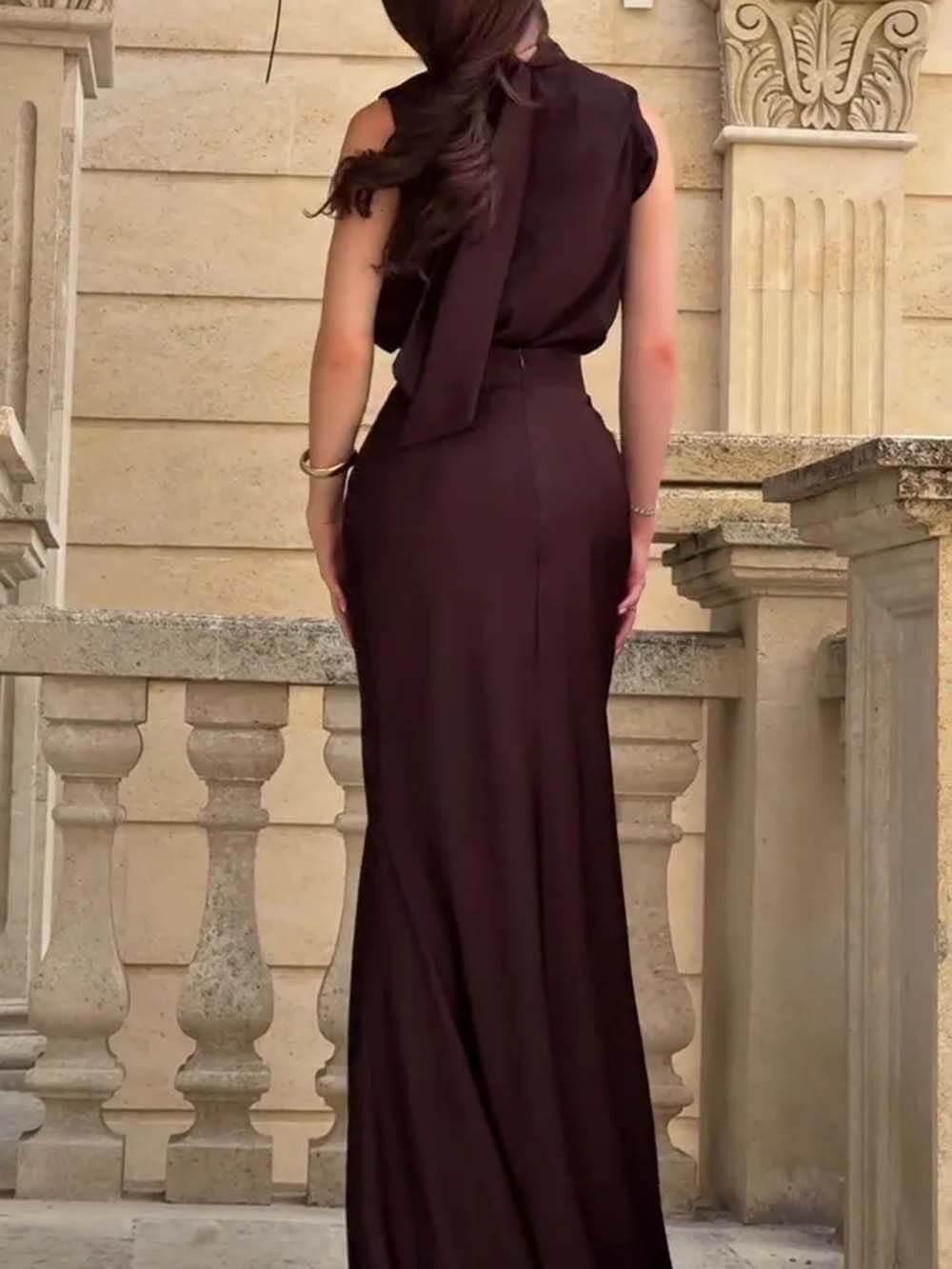 Aurohaya Exquisite Chocolate Brown High-neck Sleeveless Maxi Dress