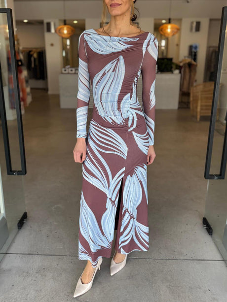 Aurohaya Elegant Printed Off-Shoulder Ruched Front Slits Maxi Dress Purple