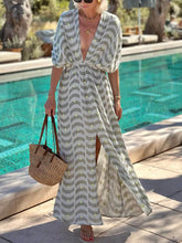 Unique Ruched Print With Drop Shoulders Side Slit Maxi Dress