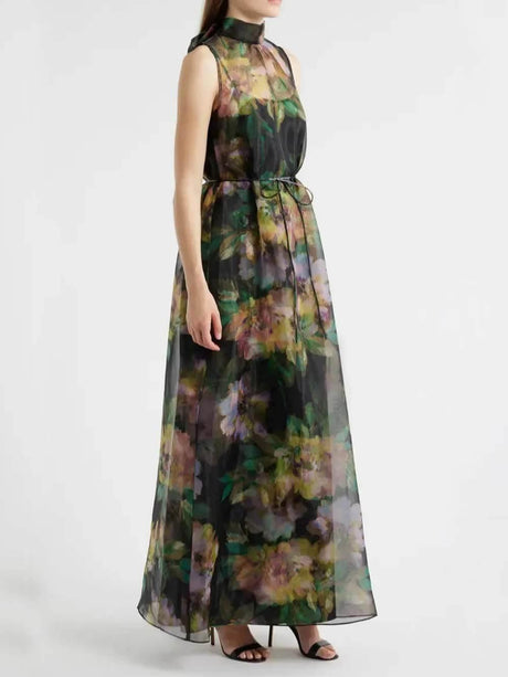 Aurohaya Unique Floral Print Tie-Drawn Chiffon Cocktail Maxi Dress