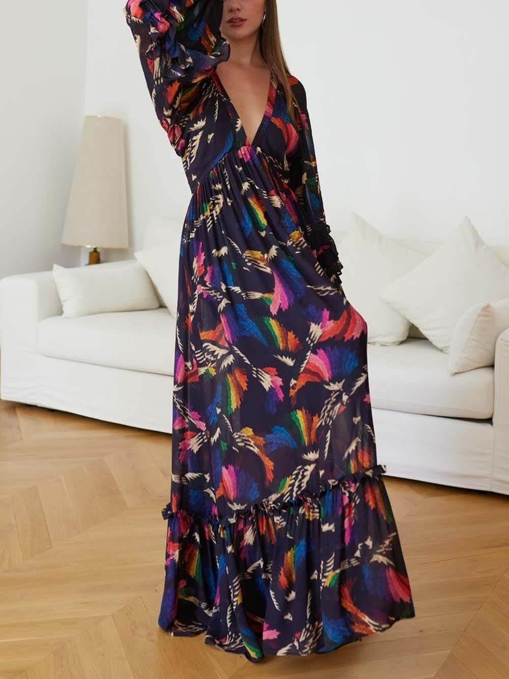 Aurohaya Delicately Patterned V-Neck Ruffle Sleeve Details Maxi Dress