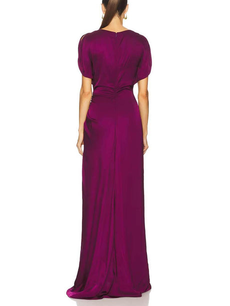 Aurohaya Exquisite High-Neck Side Pleated Party Maxi Dress