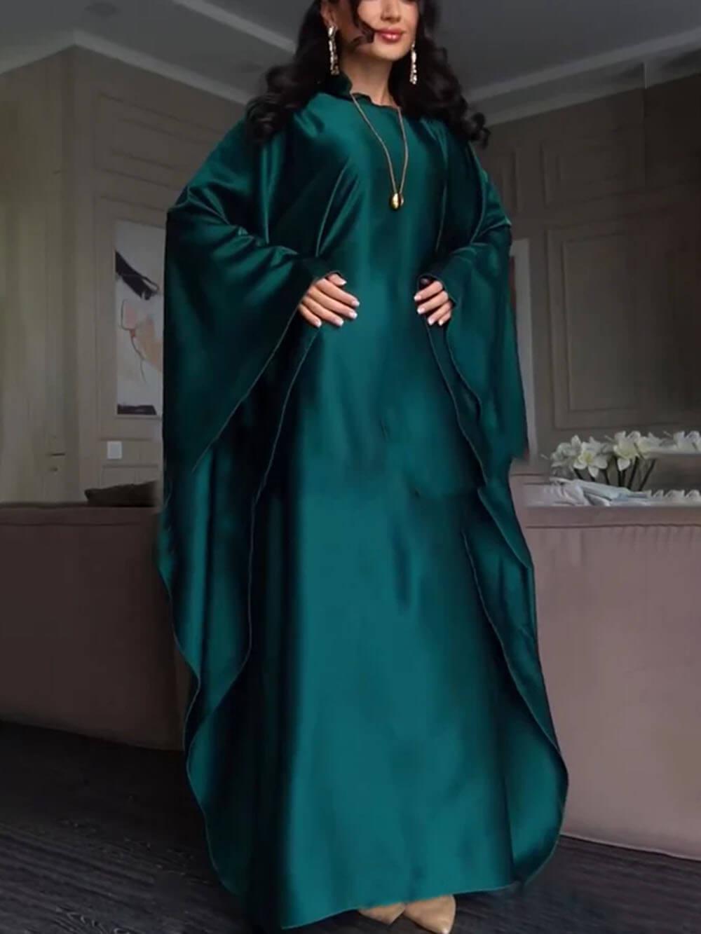 Aurohaya Elegant Satin Batwing Sleeve with Waist Tie Design Dignified A-line Maxi Dress