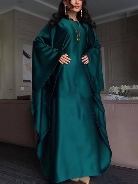 Aurohaya Elegant Satin Batwing Sleeve with Waist Tie Design Dignified A-line Maxi Dress