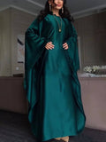 Elegant Satin Batwing Sleeve with Waist Tie Design Dignified A-line Maxi Dress