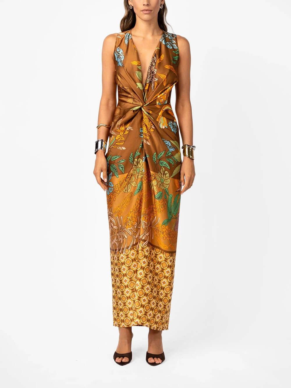 Aurohaya Delicate Floral Print V-Neck Twisted Draped Satin Maxi Dress