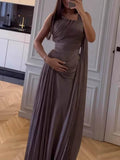 Aurohaya Elegant Draped Sash Satin Evening Gown Maxi Dress