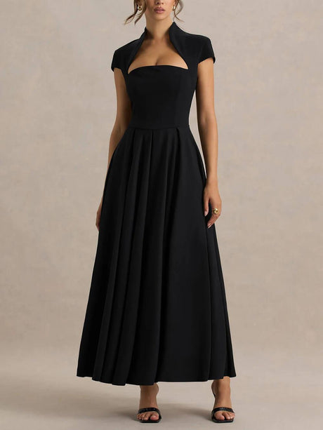 Aurohaya Elegant Asymmetrical Neckline Maxi Dress Black
