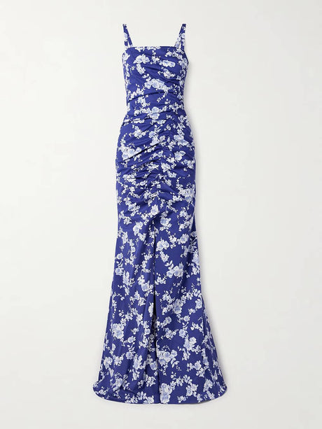 Aurohaya Elegant Ruffled Floral Print Satin Maxi Dress