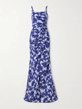 Elegant Ruffled Floral Print Satin Maxi Dress