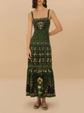 Aurohaya Unique Tropical Bloom Floral Print Linen-Blend Pleated Back Maxi Dress Green