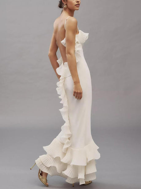 Aurohaya Elegant Pleated Chiffon Ruffle Trim Spaghetti Strap Maxi Dress