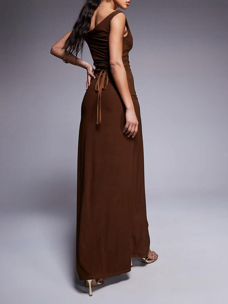 Aurohaya Elegant Off-Shoulder Twist Back Tie Maxi Dress
