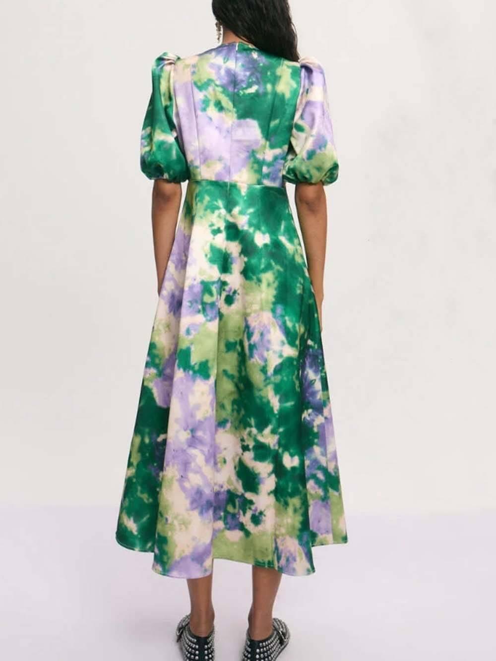 Aurohaya Retro Tie-Dye Puff Sleeve A-Line Maxi Dress