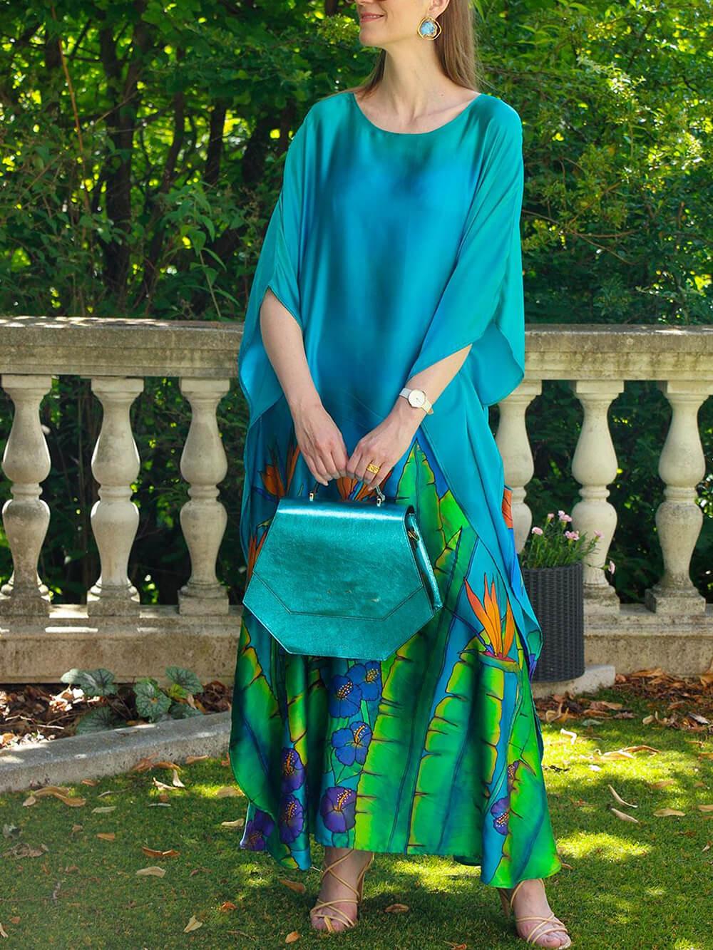 Aurohaya Bohemian Floral Print Satin Maxi Dress