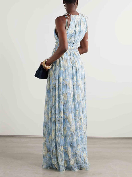 Aurohaya Elegant Painted Floral Print Chiffon Pleated Maxi Dress