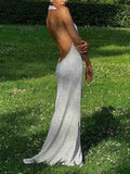 Elegant Halterneck Black Polka Dot White Maxi Dress