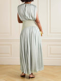 Elegant Wide Belted Pleated Sleeveless Maxi Dress