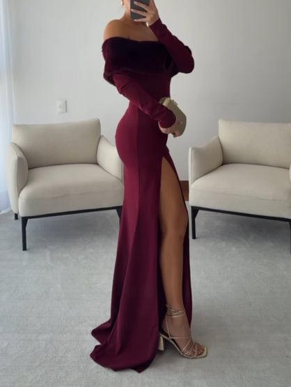 Aurohaya Elegant One-shoulder Plush Patchwork High-slit Maxi Dress