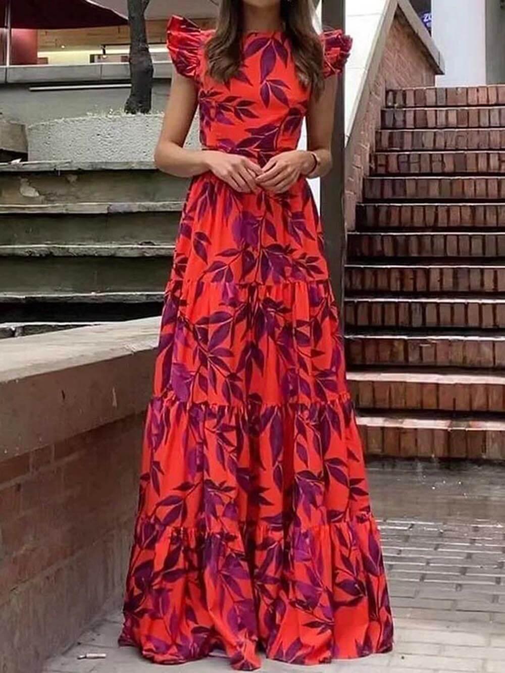 Aurohaya Fashion Printed Flying Sleeve High Waist Maxi Dress