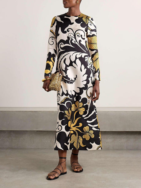 Aurohaya Unique Satin Swing Print Twill Midi Dress Black