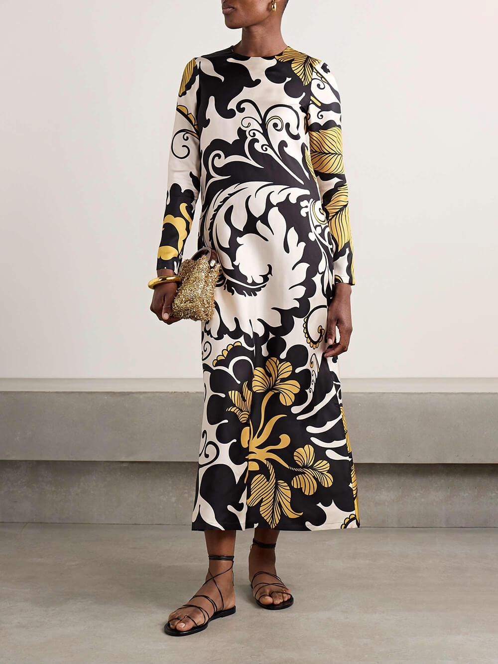 Aurohaya Unique Satin Swing Print Twill Midi Dress Black