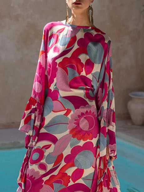 Aurohaya Exquisite Floral Print Pleated Batwing Sleeves Loose-Fitting Maxi Dress